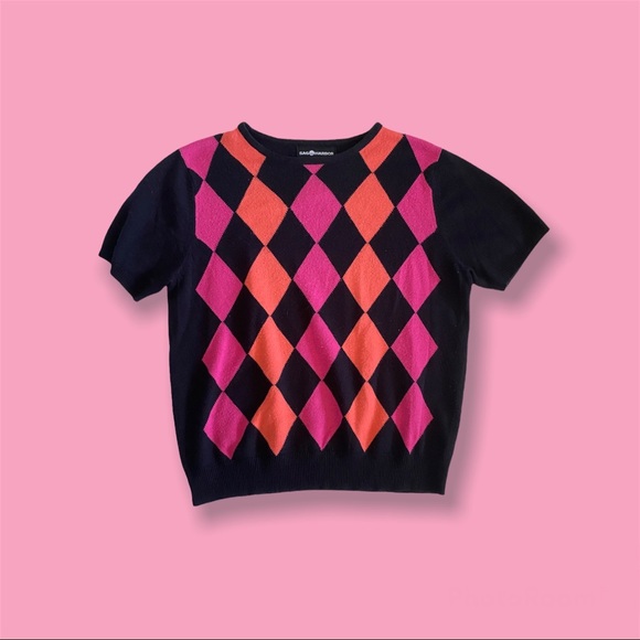 Vintage Tops - ✨5/$15 Vintage Diamond Checker Pink and Orange Knit Tee